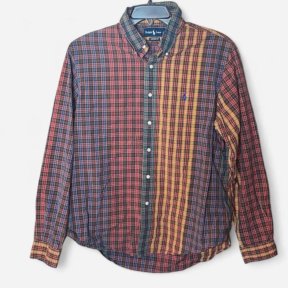 Ralph Lauren MENS Multi-Color Plaid Patchwork Fun 90s Custom Fit Shirt – Size XL